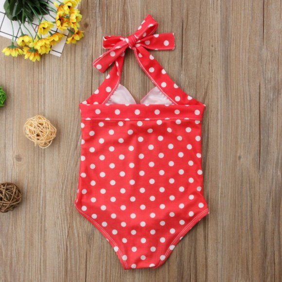Girl girls toddler swimsuit one-piece polka dot red white cute adorable new - Picture 2 of 5